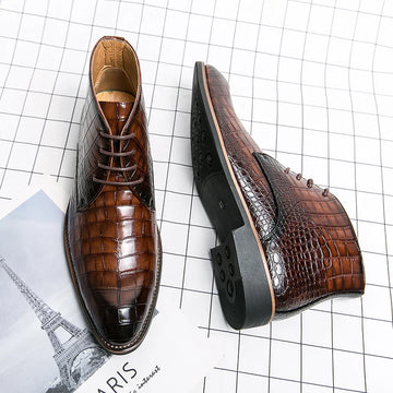 Xajzpa  Vintage Crocodile Pattern Patent Leather Boots Men's Chelsea Boots Men's Ankle Boots Fashion Designer Men's Brand Flat Boots